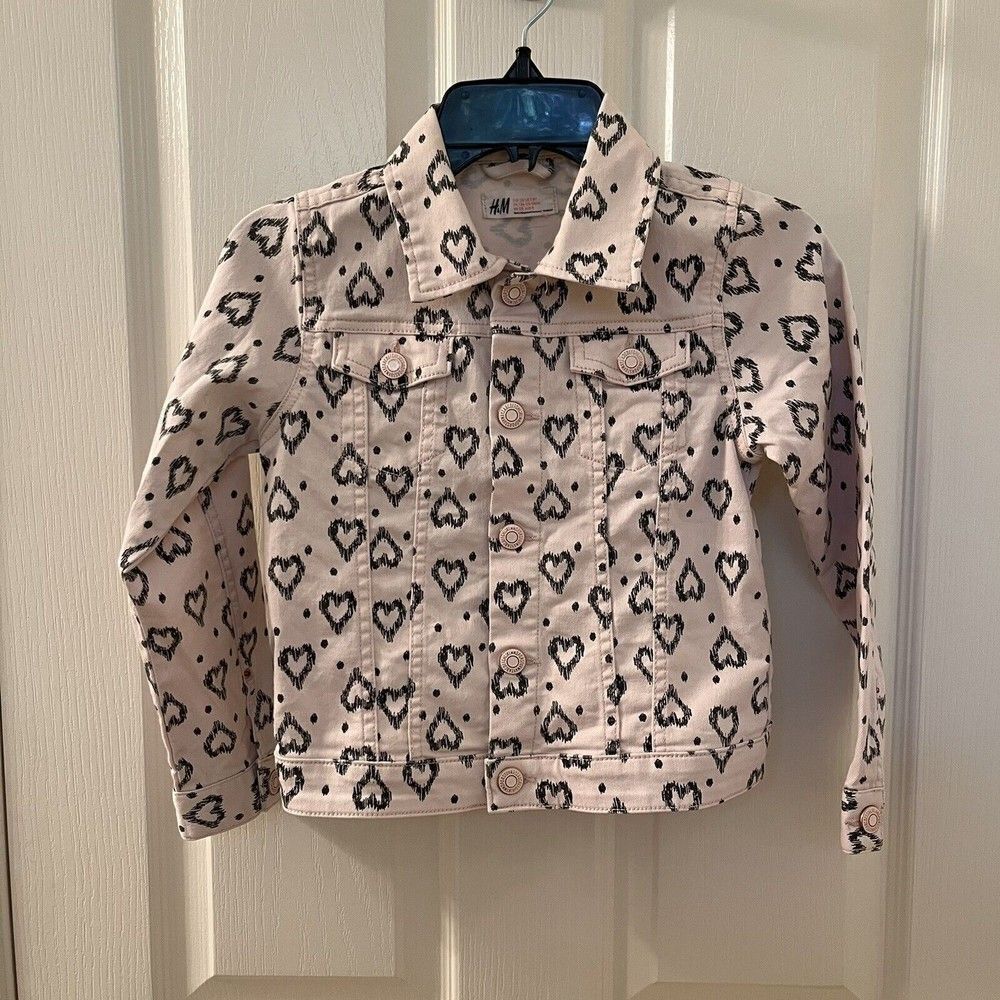 H&M Pink Black Hearts Denim Twill Jacket Snap Buttons Girls Size 7-8 years